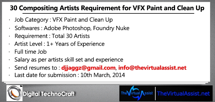 Job Vacancy of VFX Paint and Clean Up for 30 Artists